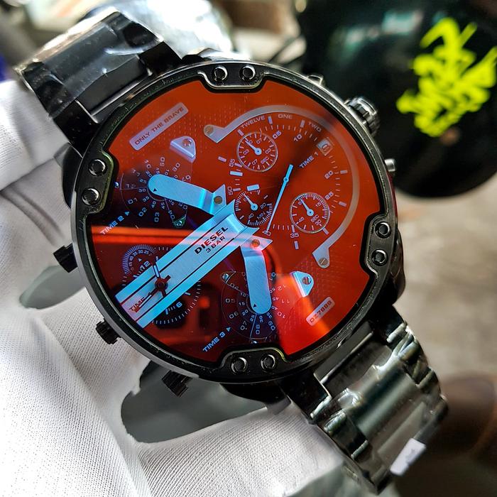 Jam Tangan Pria Big Size DS DZ7888 Mr. Daddy 2.0 4Time Chronograph Black Steel | Red Reflective