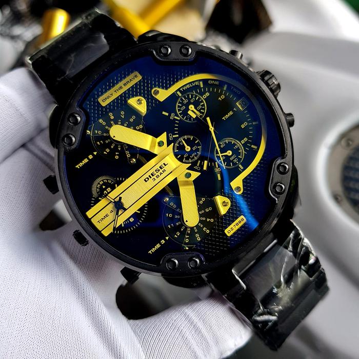 Jam Tangan Pria Big Size DS DZ7888 Mr. Daddy 2.0 4Time Chronograph Black Steel | Blue Reflective