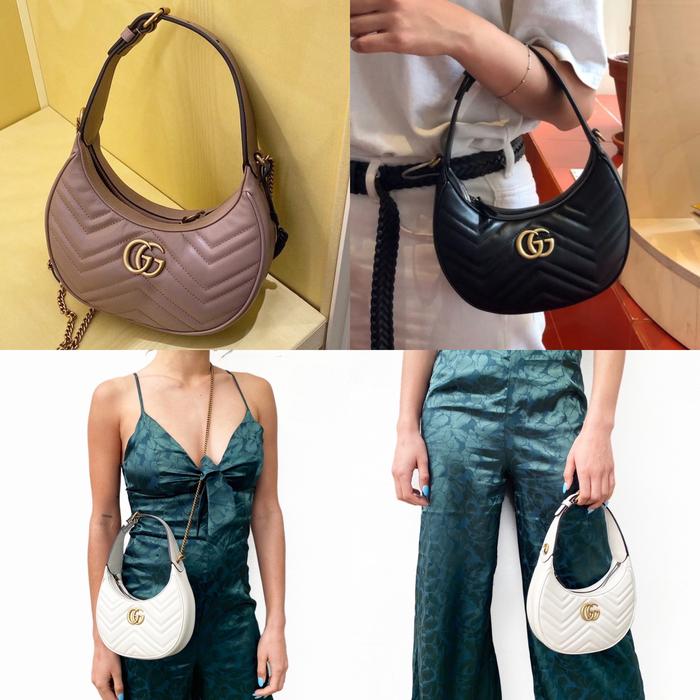Original - Gucci Marmont Half Moon Shaped Bag Nude Black White GHW