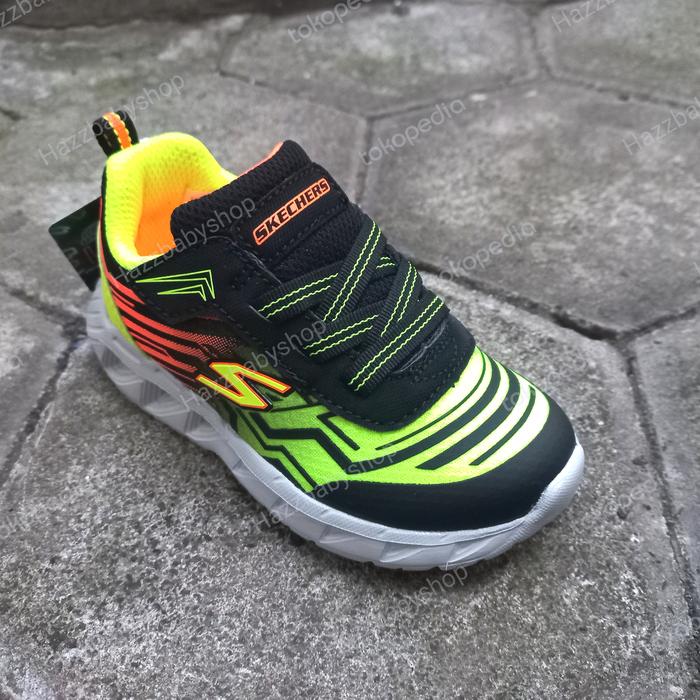 sepatu anak lampu skechers magna light black lime original