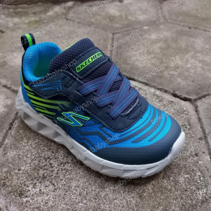sepatu anak lampu skechers magna light blue lime original