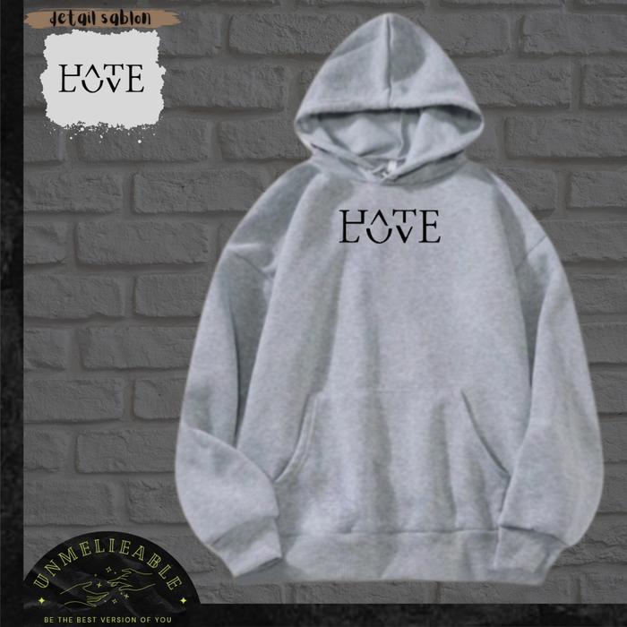 Hoodie Basic Pria Wanita Terbaru Warna Grey Love Hate Simple Keren Ori