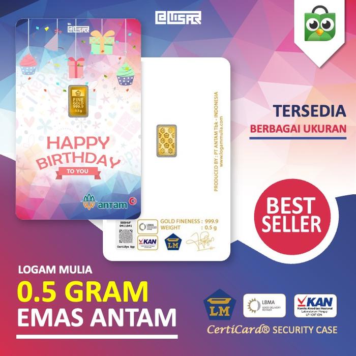 LM Logam Mulia Emas Antam 0.5 gram gr Kado Ulang Tahun Happy Birthday