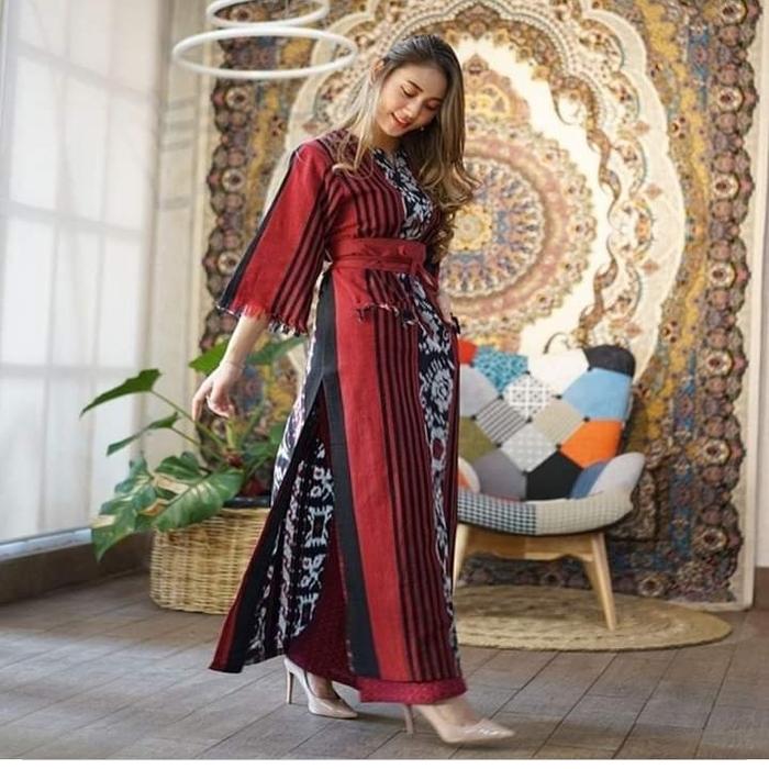 tunik panjang etnik belah samping bahan tenun