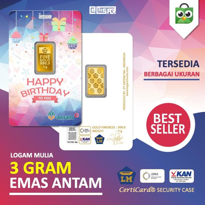 LM Logam Mulia Emas Antam 3 gram gr Kado Ulang Tahun Happy Birthday