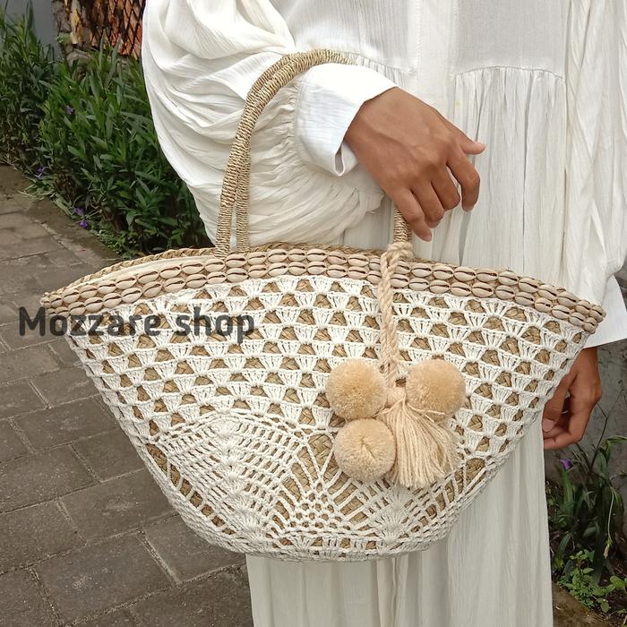 tas rotan rajut handmade bali Beach Natural and pompom
