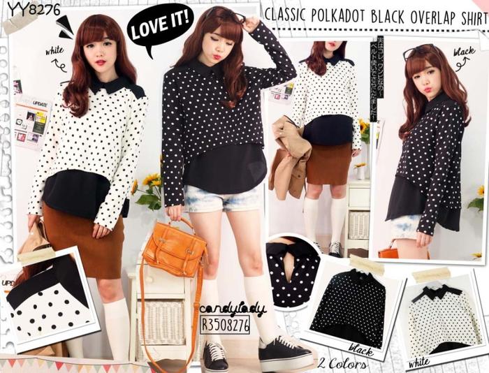 Baju Atasan Cewe Candy Lady Classic Polkadot Black Overlap Shirt Y8276