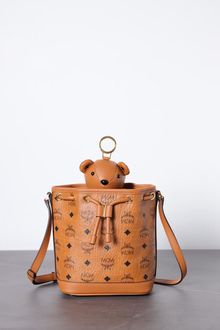 MCM Mini Bear Dessau Drawstring Bag in Cognac Visetos Leather