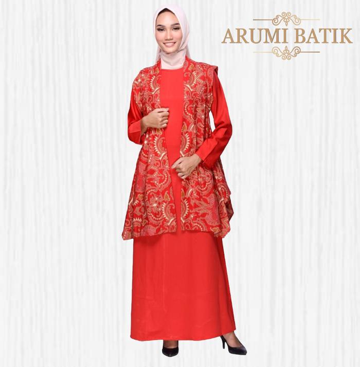 Gamis Batik Muslim Muslimah Lebaran Long Dress Bolero Merah
