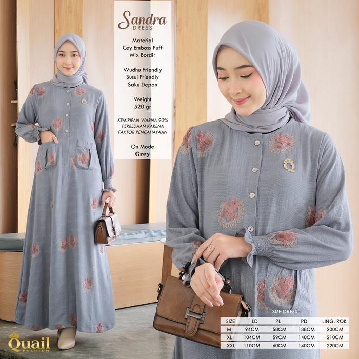 SANDRA DRESS Gamis Busui Quail Hijab Bahan Cey emboss Puff Ori Murah