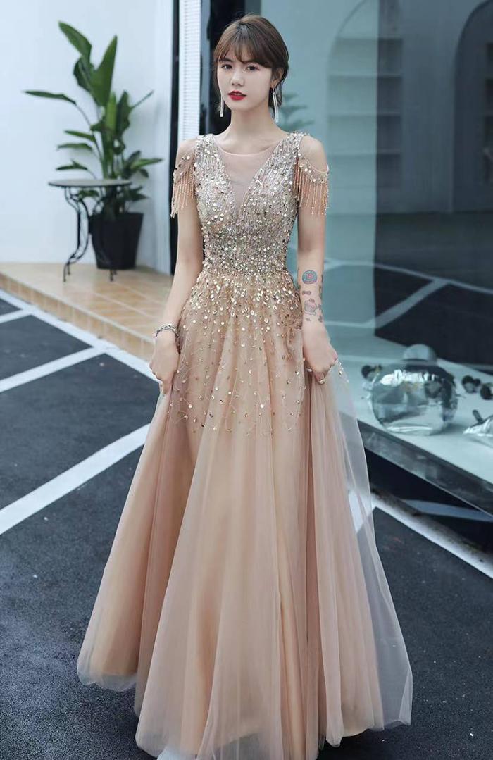 Rumbai Wanita Champagne Gold Bordir Gaun Panjang Gaun Malam