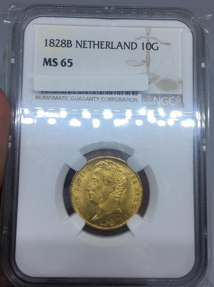 Koin emas kuno lama 10 G gulden 10G willem 1 1828 NGC MS65 not Gwk
