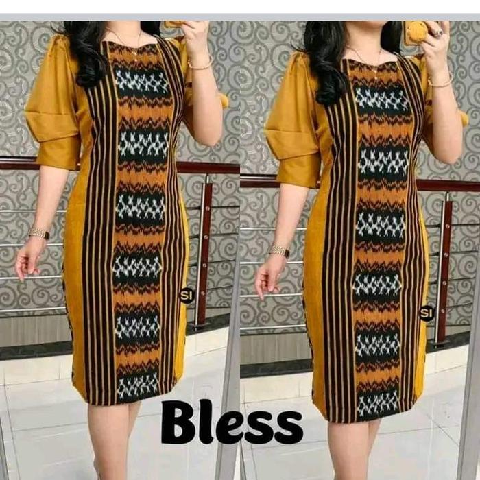 dress tenun kuning mustard lengan balon