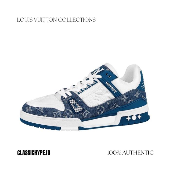 LV TRAINER MONOGRAM DENIM WHITE BLUE 100% AUTHENTIC