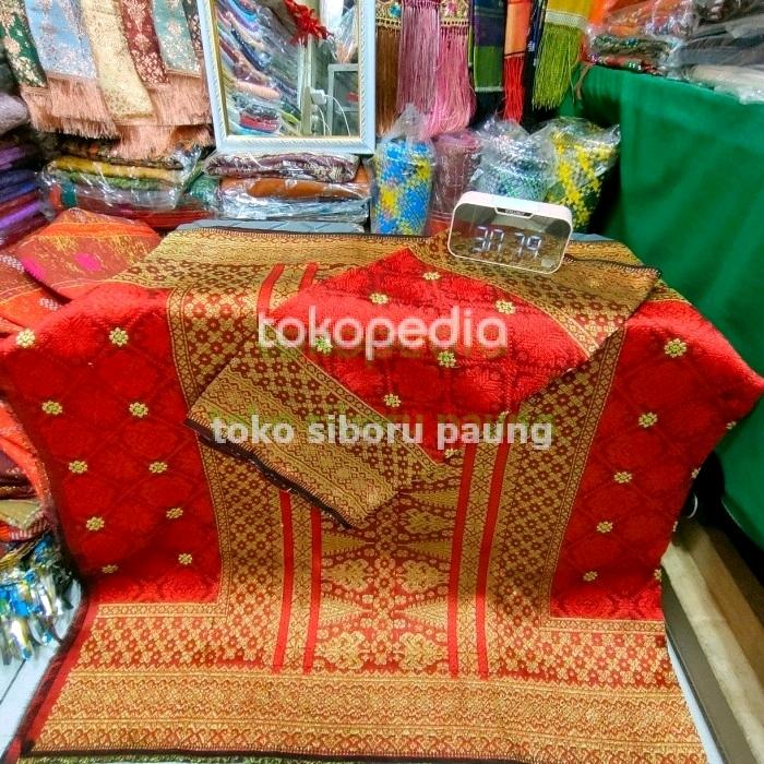 Songket Palembang ORI tenun motif bunga cina merah marun