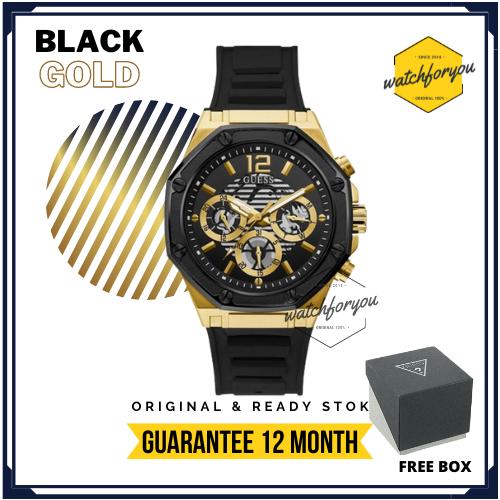 Jam Tangan Pria Guess GW0263G1 Original Black Gold Rubber Men Box Gues