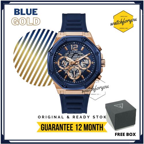 Jam Tangan Pria Guess GW0263G2 Original Blue Gold Rubber Men Box Gues