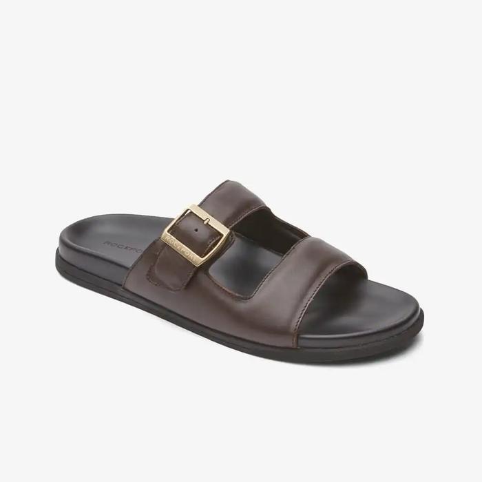 ROCKPORT Darron Buckle Slide Original Sandal Pria Leather - Dark Brown