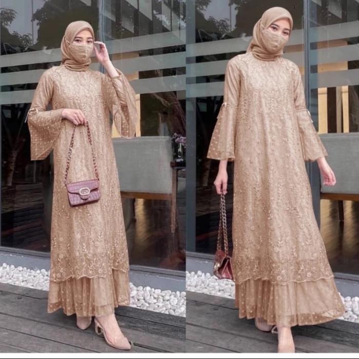 GAMIS GELA WANITA MAXI KEKINIAN DRESS TILE MUTIARA BORDIR, MAXI DRESS