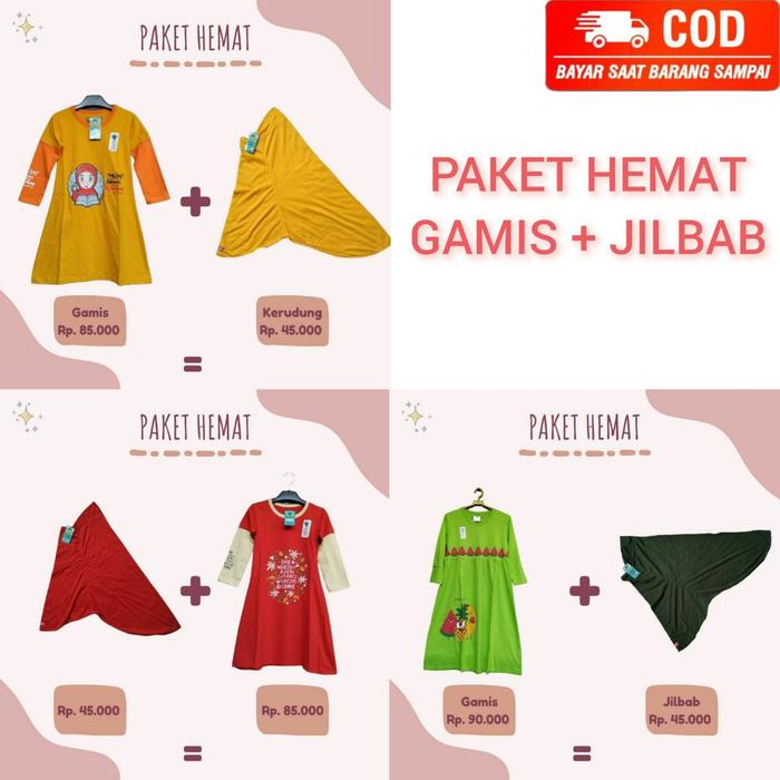 PAKET SALE GAMIS DAN JILBAB ANAK PEREMPUAN BY UPRIGHT HOMEDRESS DAILY BAHAN KATUN COMBED MOTIF SET J
