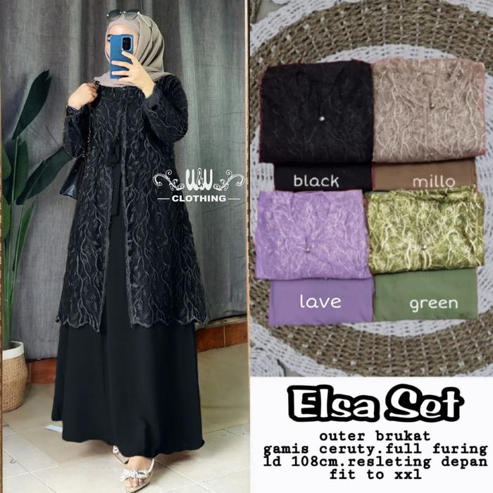 gamis wanita kekinian terbaru elsa set mat ceruty mix bruklat adem tbl