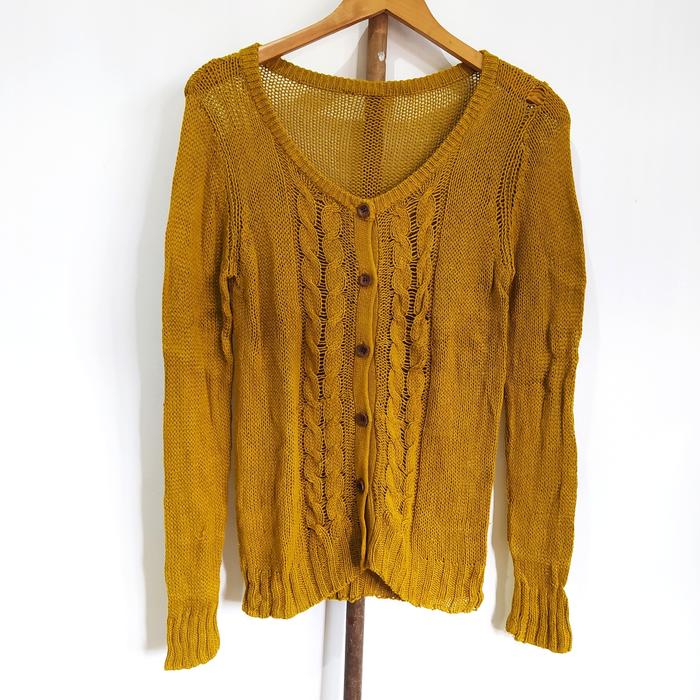 preloved mustard cable knit cardigan academia / outer rajut jaring