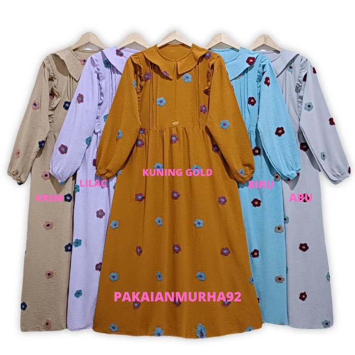 Gamis Bordir Crinkle Airflow Motif Bunga/Gamis Renda Crinkle