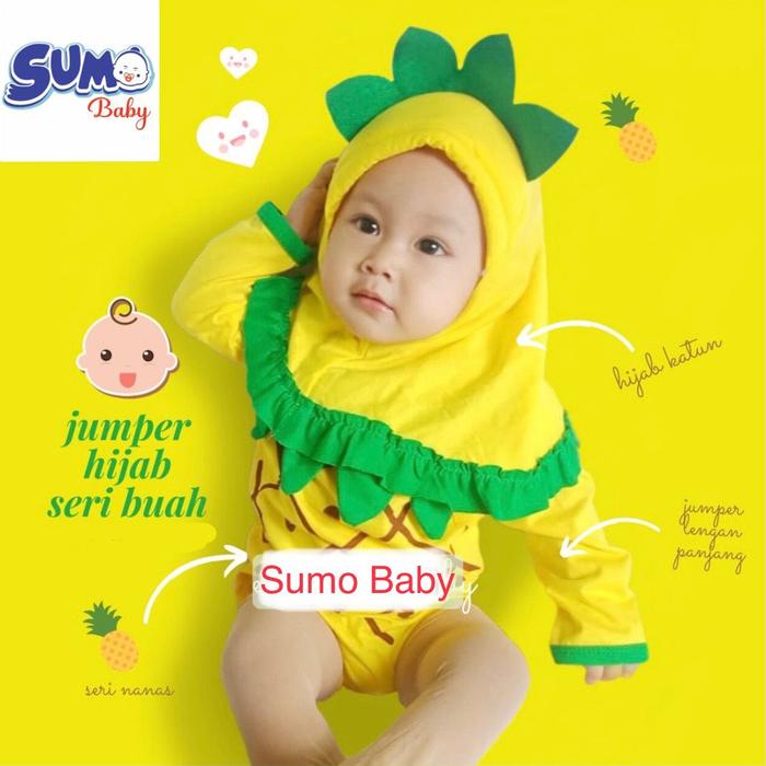 Baju Bayi Nanas Jilbab Jumper Anak Bayi Hijab Muslim Motif Buah Nanas