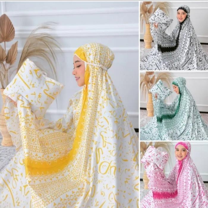 mukena rayon motif huruf hijaiyah