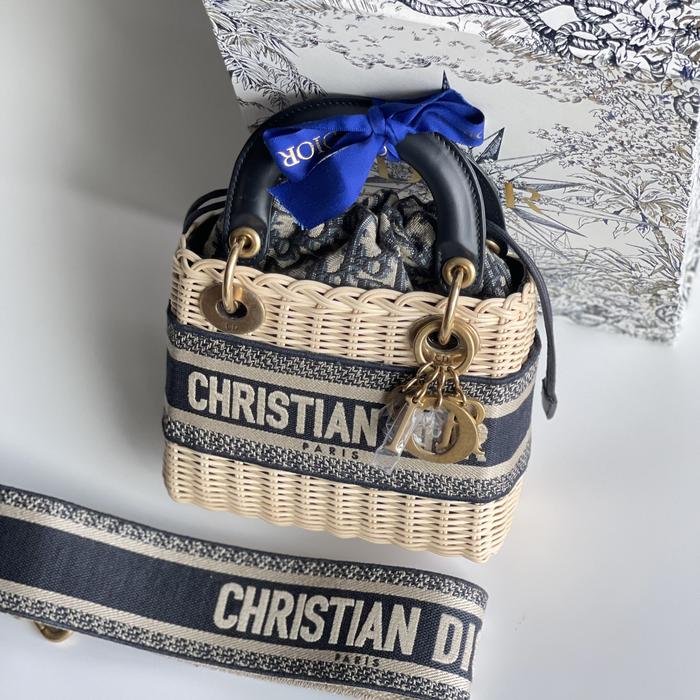Original - Lady Dior Mini Wicker Rattan Navy Oblique Straw