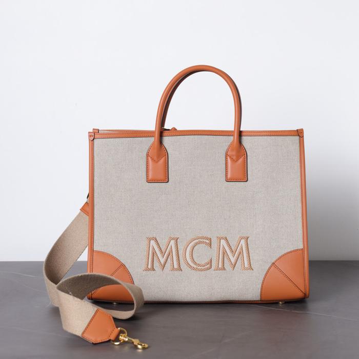 MCM Large Munchen Tote Bag in Cognac Italian Canvas x Spanish Calf
