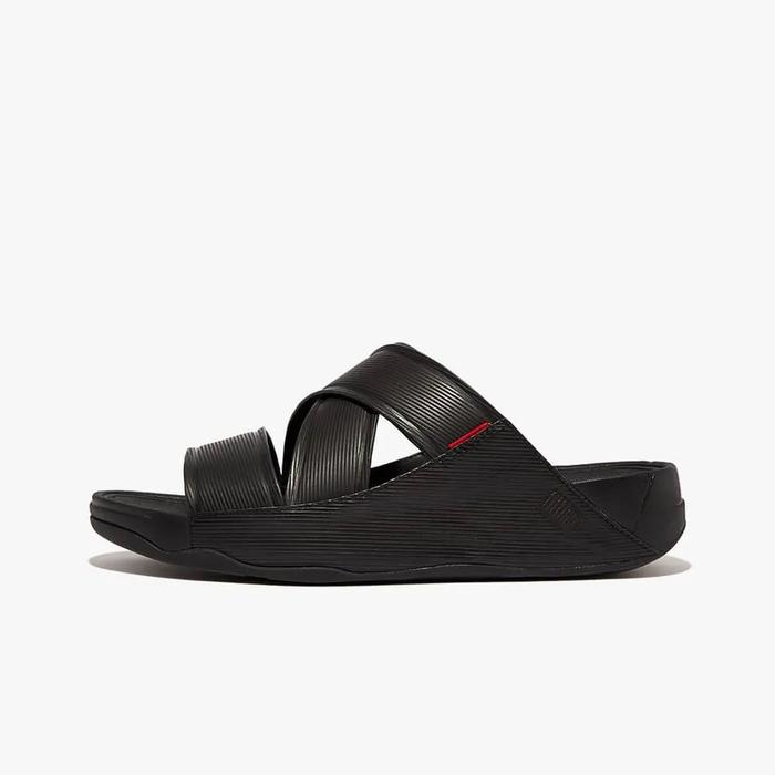 FITFLOP CHI STRIPE-EMBOSSED ORIGINAL LEATHER MEN'S SLIDES - All Black