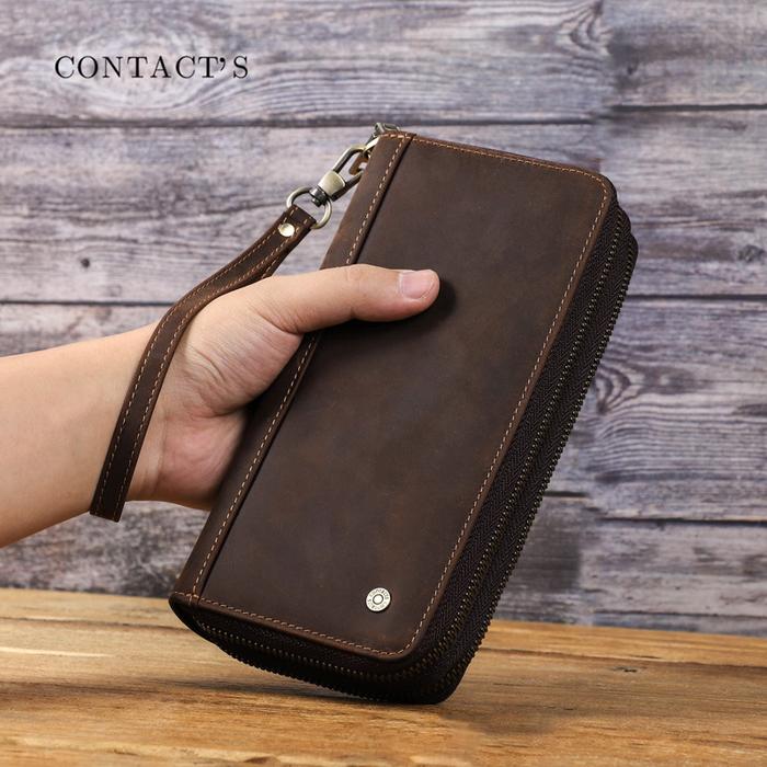Contact's Dompet Panjang Pria Kulit Asli Crazy Horse Leather Retro Vintage Clutch Hand Wallet dengan