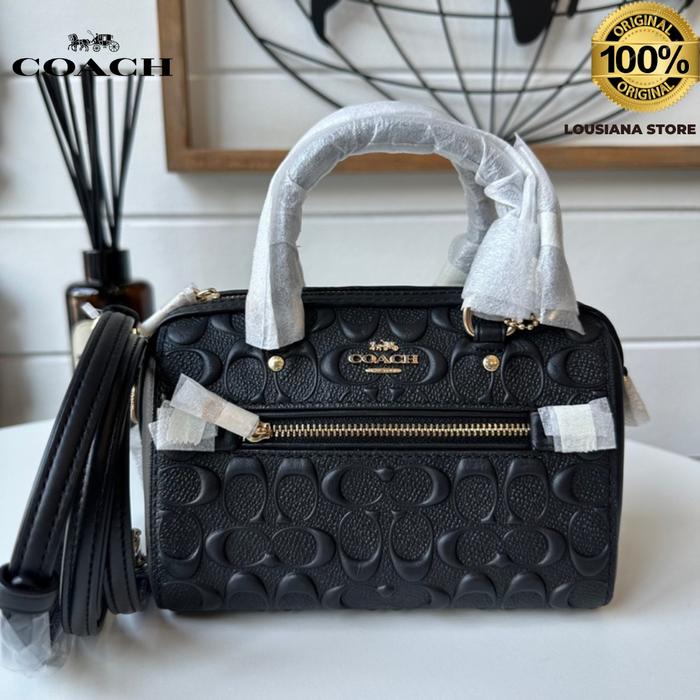 Tas Coach Signature Embossed Leather Mini Rowan Crossbody Black
