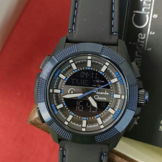 Jam Pria Dual Time ORIGINAL Alexandre Christie ACF 9374 MH Rubber