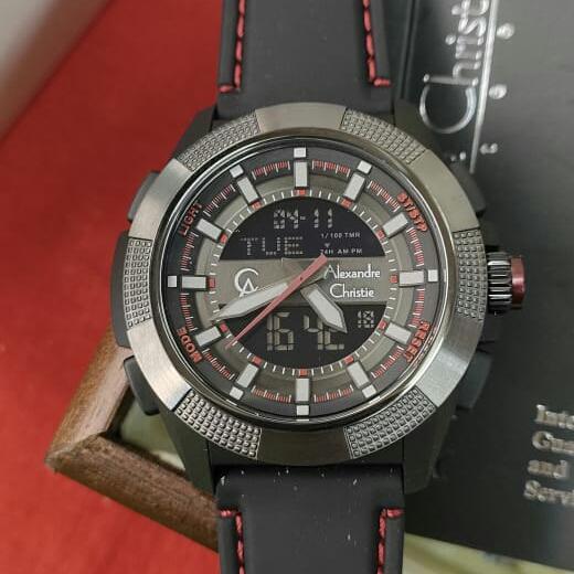 Jam Pria Dual Time ORIGINAL Alexandre Christie ACF 9374 MH Rubber Stl