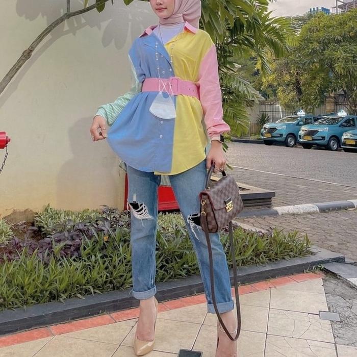 BL 2490 Baju Kemeja Blouse atasan ESTRILLIAN shirt hem wanita lengan panjang bahan silk satin premiu