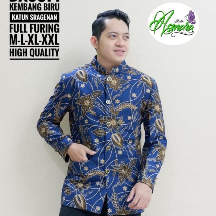 KEMBANG BIRU Basopi Jas Blazer Batik Pria Modern Katun Full Furing -As