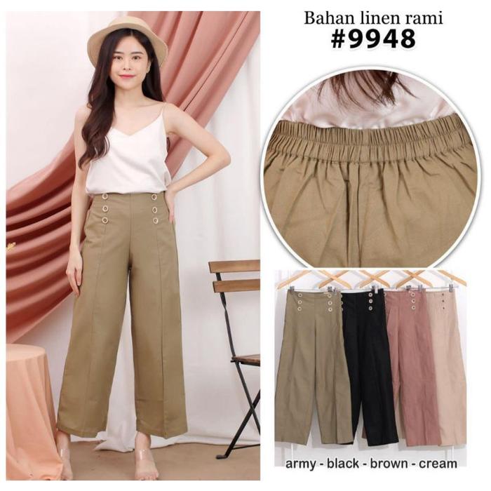 Celana Panjang Kulot Wanita Bahan Linen Variasi Kancing Pinggang Karet