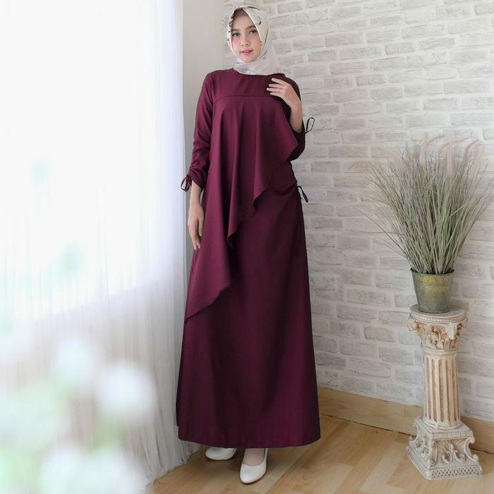 MAXI LUQIANA MAROON Gamis ld 100 Panjang Muslim Layer Leyer Kerut