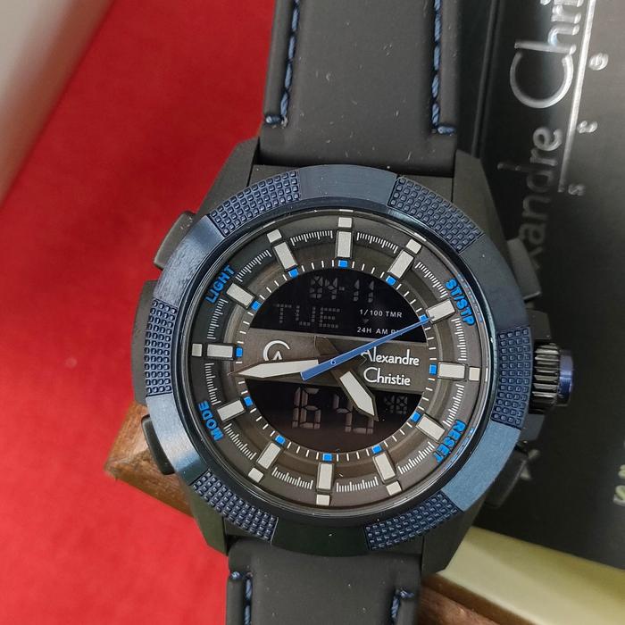 Jam Pria Dual Time ORIGINAL Alexandre Christie ACF 9374 MH Rubber
