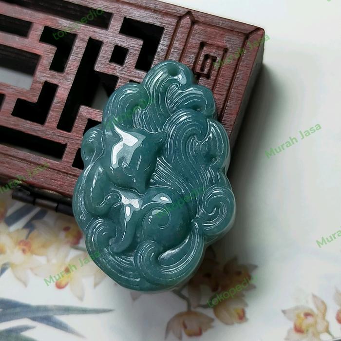 Kalung Liontin Giok Burma blue Rubah Ekor 9 / nine tail fox + sertifi