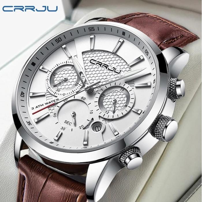 jan Tangan Pria CRRJU Chronograph Kalender Tahan Air Jam Kulit Kuarsa 2212