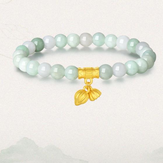 Gelang Batu Giok Natural Jade Burma Gread A Liontin Emas 99,9K Teratai
