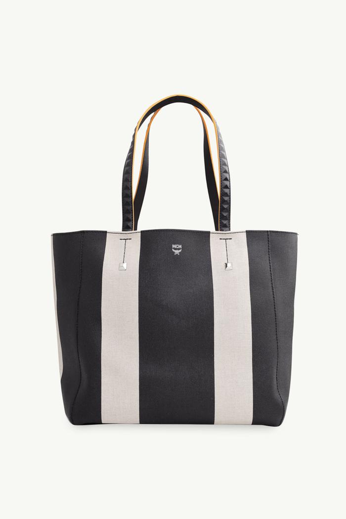 MCM Large Striped Shopper Tote Bag in Black Beige Canvas