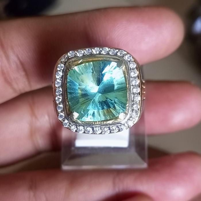 Cincin Permata Natural Green Mint Fluorite HQ  12x12x8 Custom Cut Ring PLT Diraf DoublePlat Size 9 p