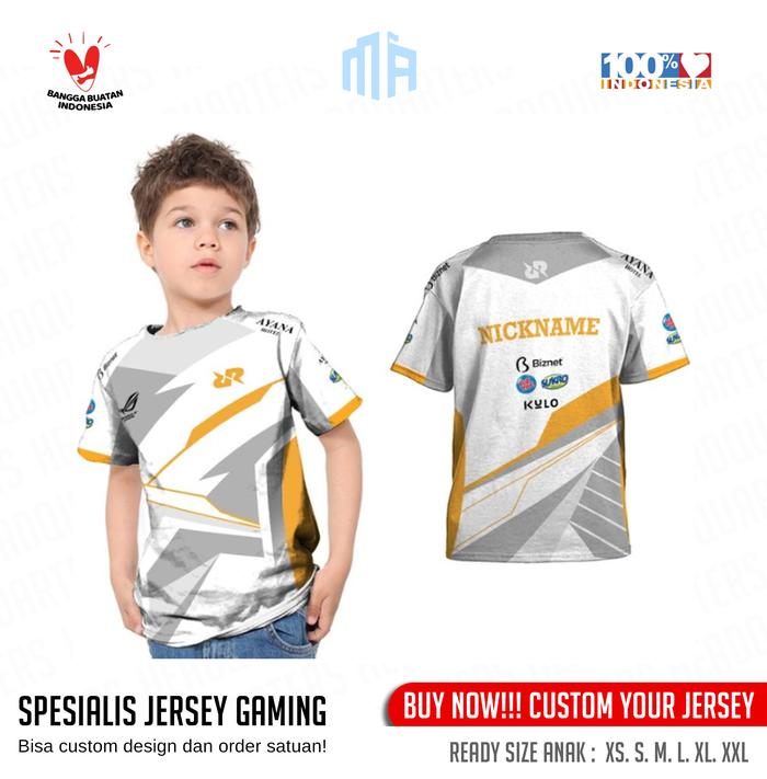 Kaos Jersey Anak Gaming RRQ White Esports custom Full Printing Nama