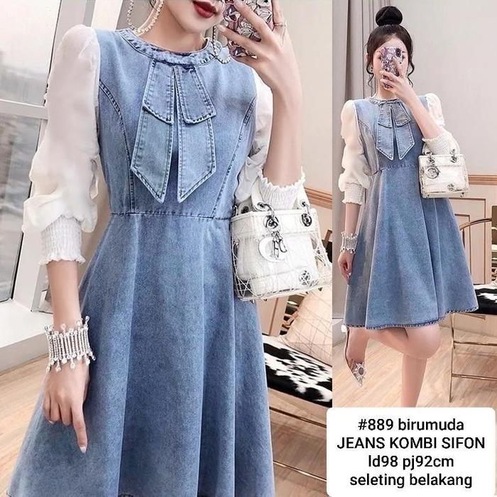 dress wanita jeans kombi sifon ld 98 biru tua dan biru muda