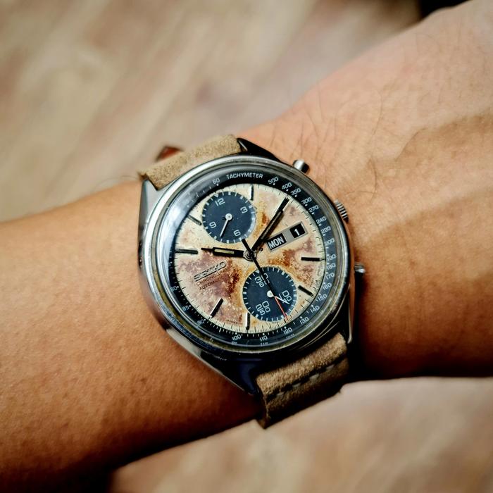 Ori RARE 70s Seiko Panda 6138-8020 auto Chrono Tropical Dial omega iwc