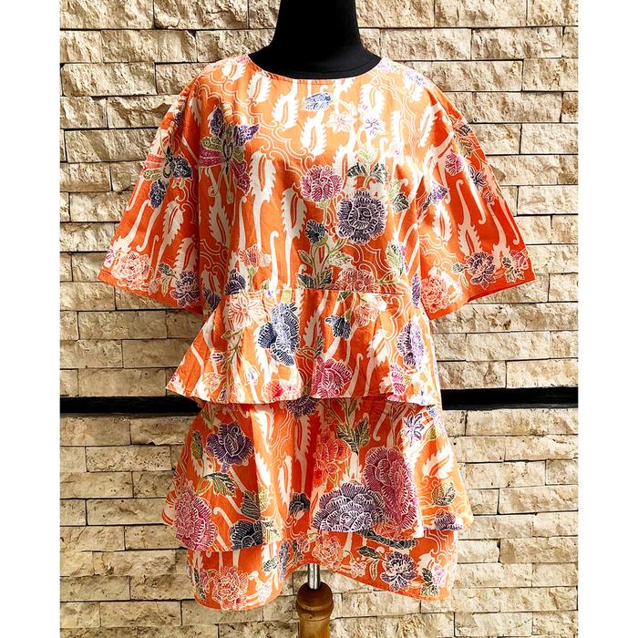 SALE TOP RUFFLE BATIK WOMAN - BLOUSE ATASAN WANITA BATIK ORANGE